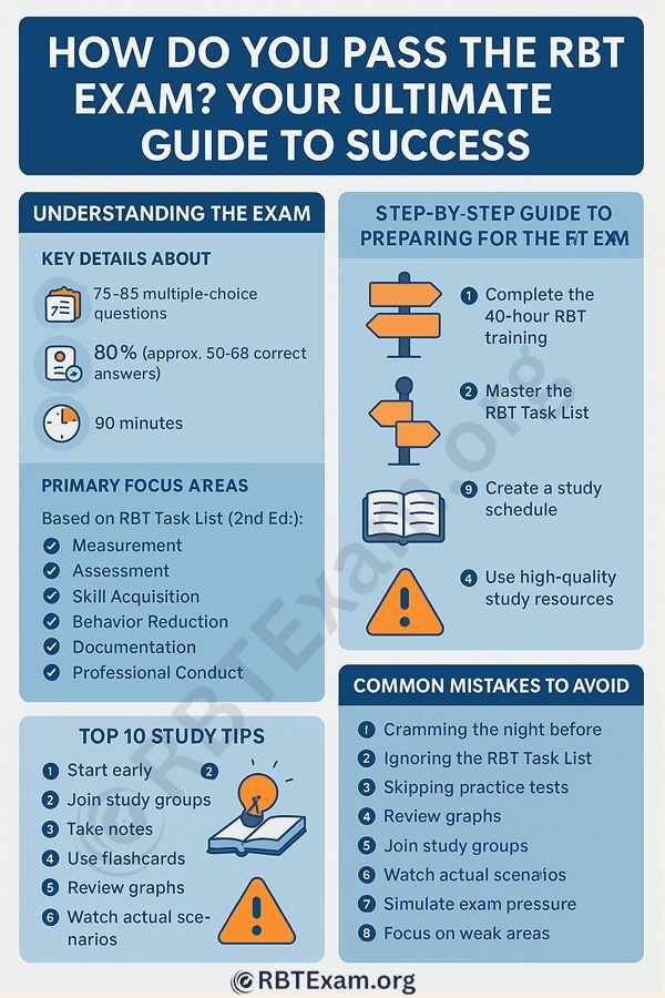 Key steps to pass the RBT exam, including training, study tips, exam details, and preparation strategies